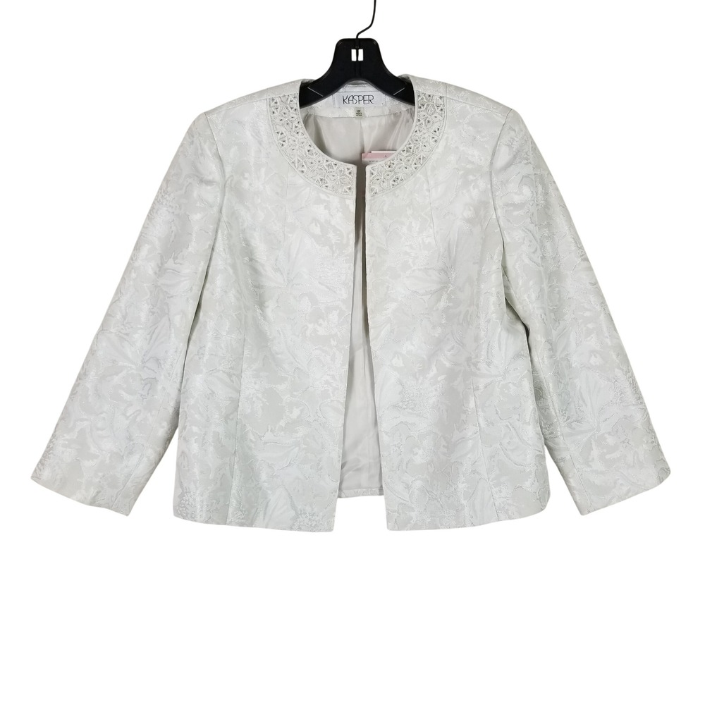 Kasper Jacket Women 10P Ivory Floral Jacquard Beaded Neck Open Front Evening